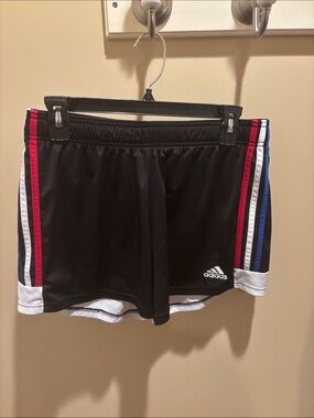 adidas Black Athletic Shorts with Red, White and Blue Side Stripes